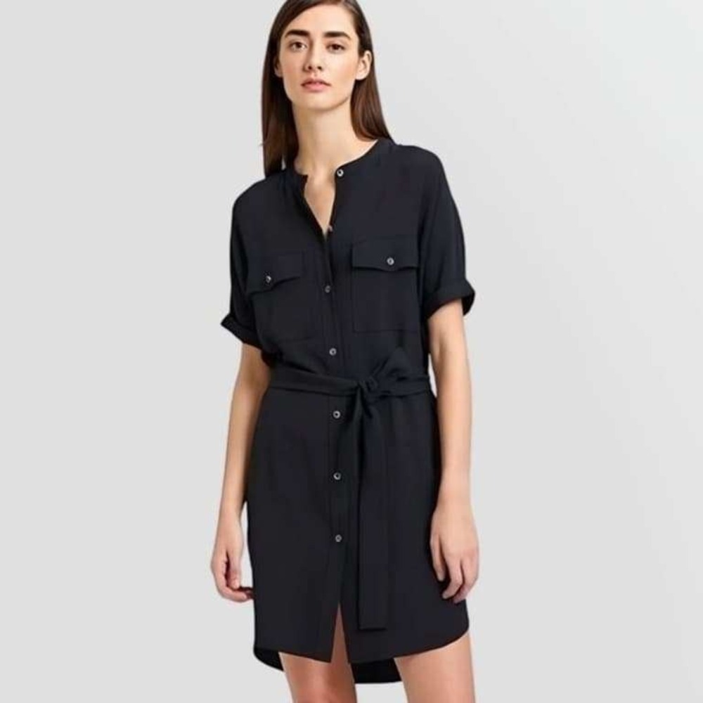 Theory Rosina Crepe Belted Cargo Dress Black Short Sleeve Button Front Size L